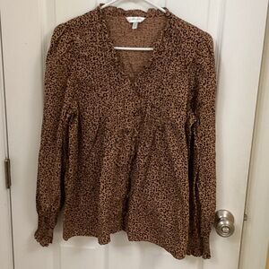 Leopard Print V-Neck Babydoll Top - Brown